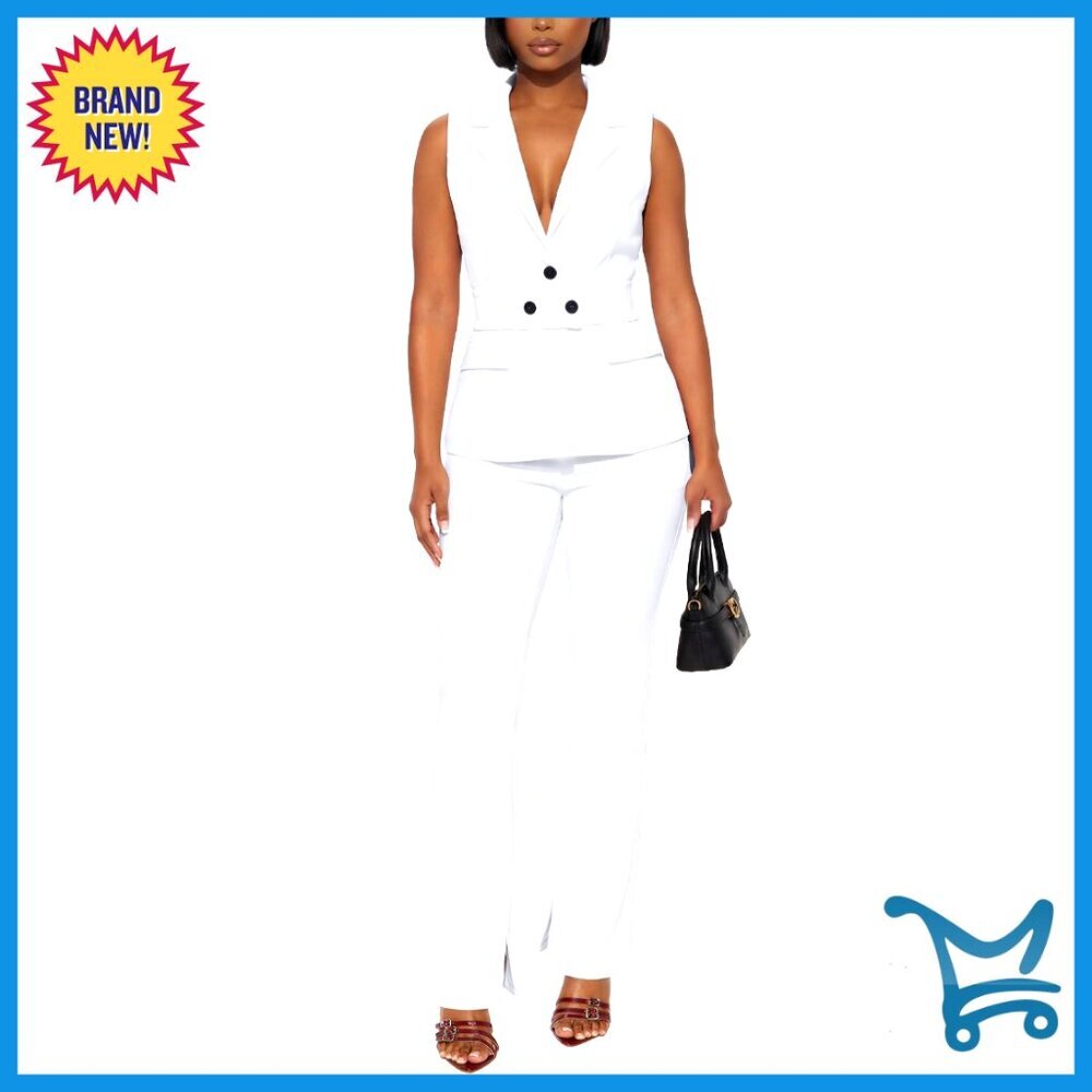 Sleeveless Vest and Slit Pants Suit Set, Business Casual Office Outfit with